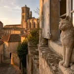 La Romieu : ruelle pavée et collégiale Saint-Pierre, chats sculptés