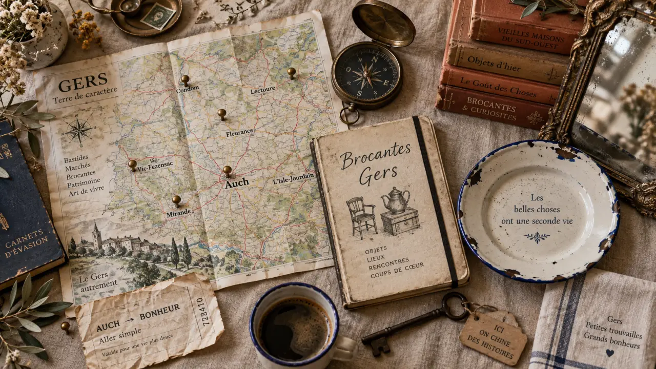 Brocante gers ce week end : matériel ancien sur nappe en lin