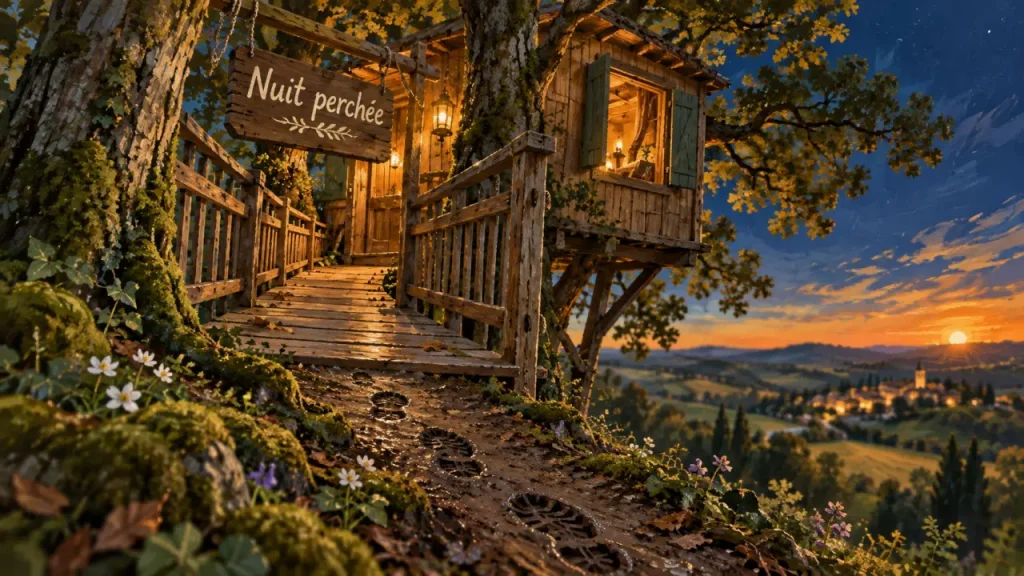 Cabane dans les arbres dans le Gers, terrasse bois et cabane perchée