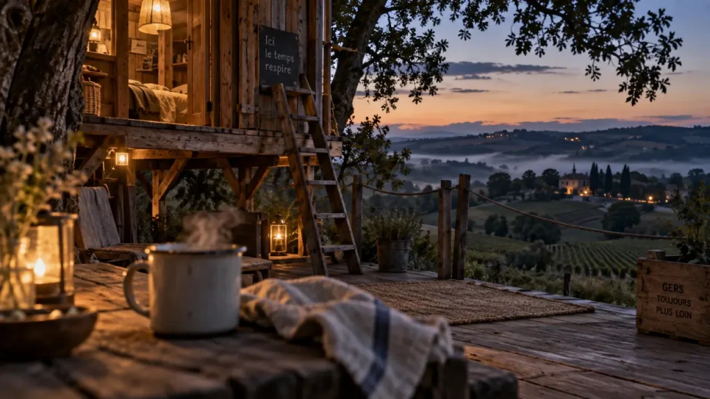 Cabane gers sur terrasse, tasse fumante, vignes et ciel étoilé