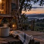 Cabane gers sur terrasse, tasse fumante, vignes et ciel étoilé
