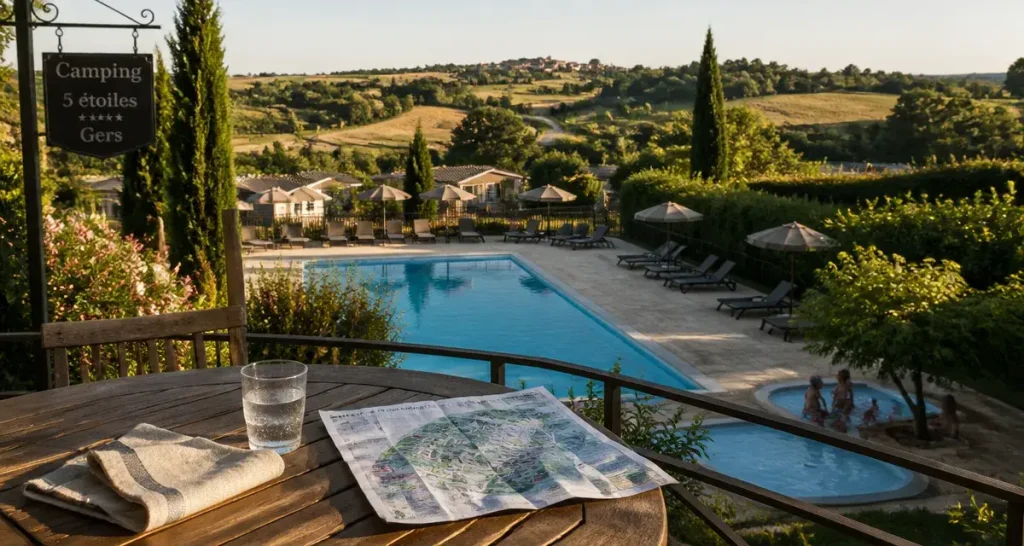 Camping 5 etoiles gers : piscine avec transats et grands emplacements