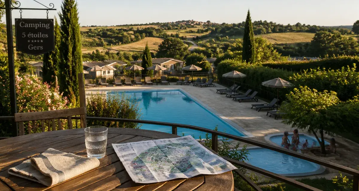 Camping 5 etoiles gers : piscine avec transats et grands emplacements