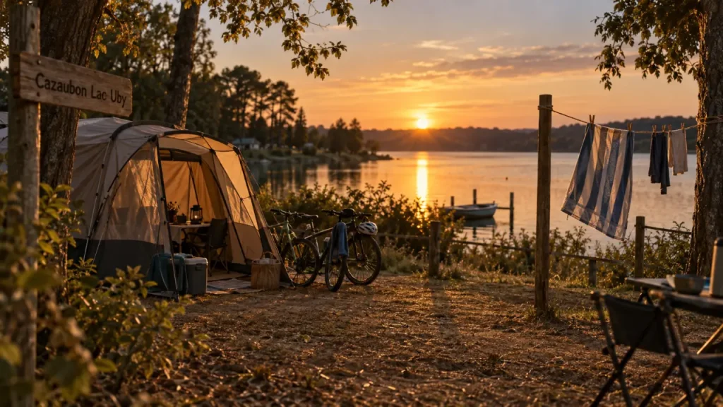 Camping Cazaubon au lac de l’Uby, tente au bord de l’eau au coucher du soleil