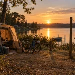 Camping Cazaubon au lac de l’Uby, tente au bord de l’eau au coucher du soleil