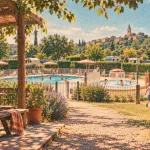 Camping familial dans le Gers : terrasse ombragée, enfants près d’une piscine sécurisée