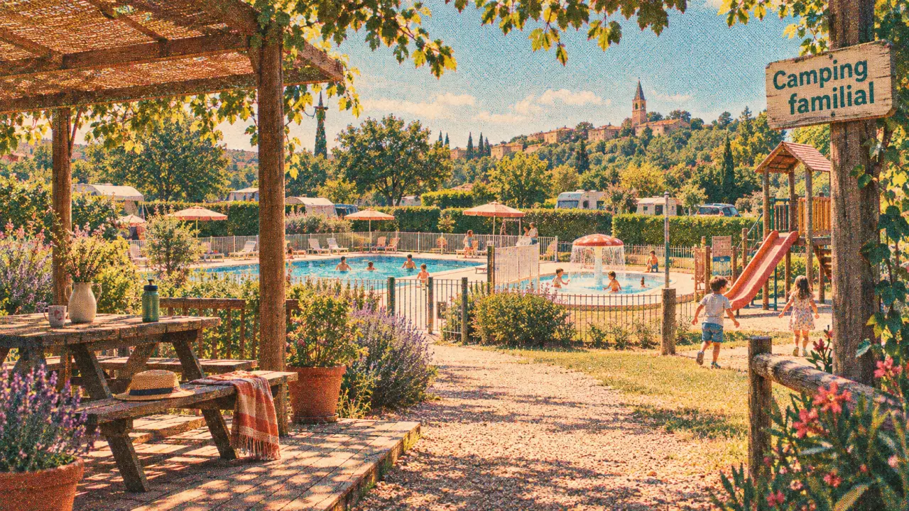 Camping familial dans le Gers : terrasse ombragée, enfants près d’une piscine sécurisée