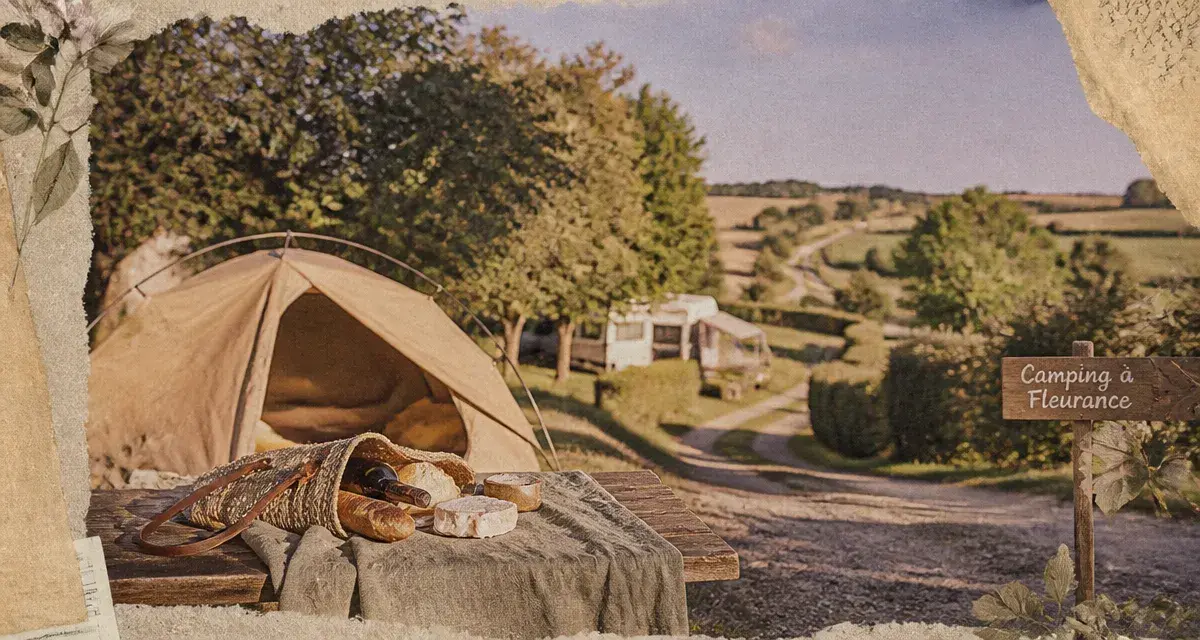 Camping fleurance au vert : tente et table en terrasse, près de Fleurance