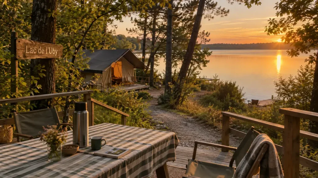 Camping Huttopia lac de l’Uby au bord du lac, vue golden hour depuis une terrasse