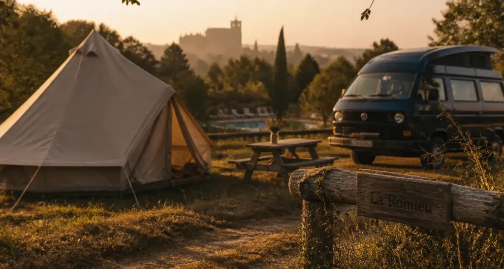 camping la romieu : tente et van près de la collégiale Saint-Pierre