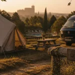 camping la romieu : tente et van près de la collégiale Saint-Pierre