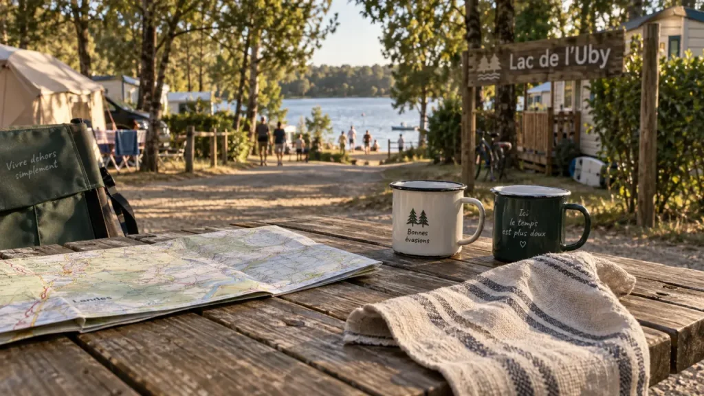 camping lac de l uby : table et vue du lac, tentes et baignade
