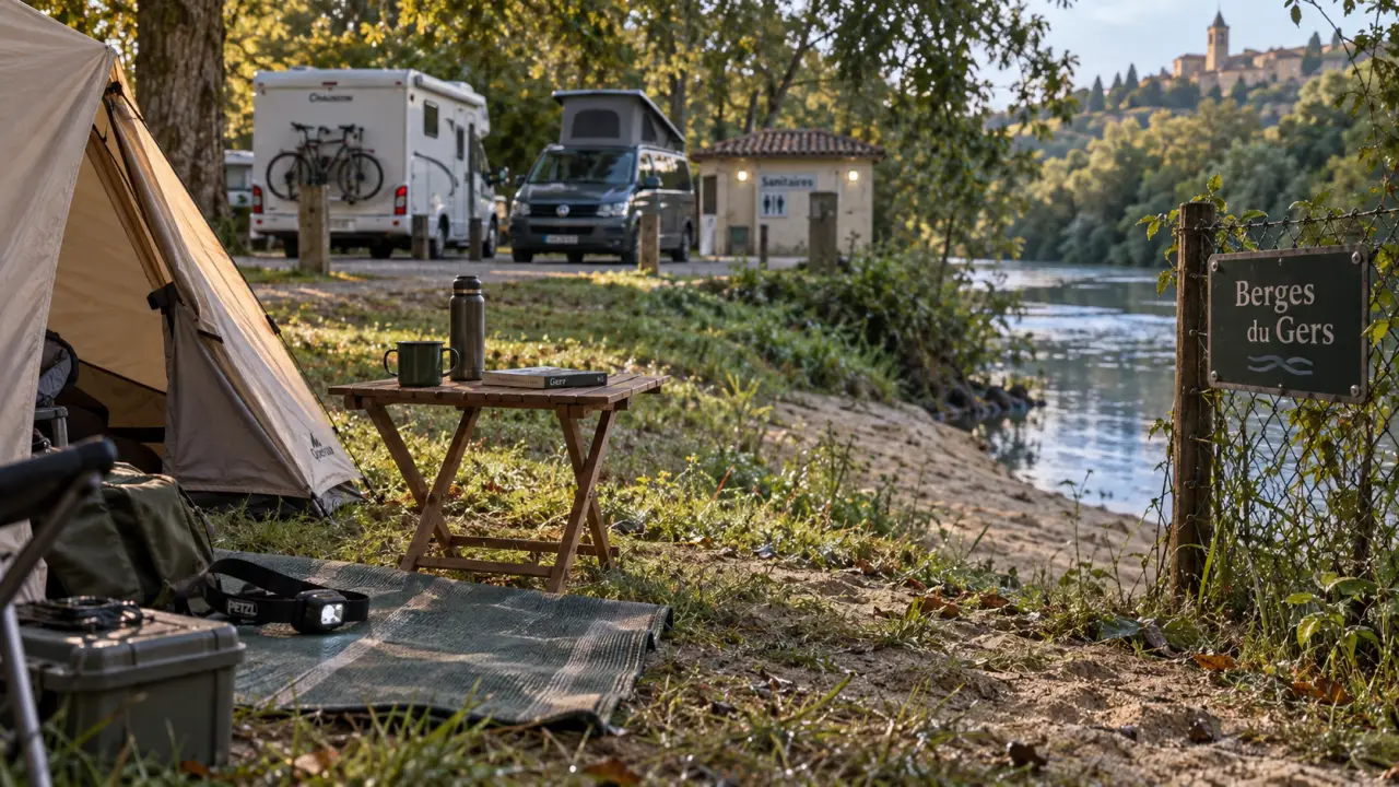 Camping les berges du gers : tente sur parcelle au bord de la rivière