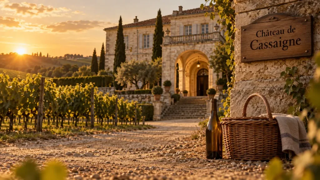 Château de Cassaigne dans le Gers, chateau cassaigne gers armagnac, vignes et entrée au golden hour