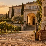 Château de Cassaigne dans le Gers, chateau cassaigne gers armagnac, vignes et entrée au golden hour