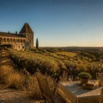 Château Lacoste à Lupiac (Gers) au coucher du soleil, vue depuis une terrasse