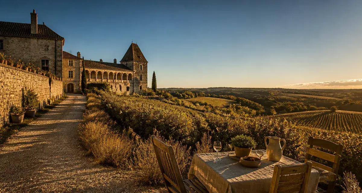 Château Lacoste à Lupiac (Gers) au coucher du soleil, vue depuis une terrasse