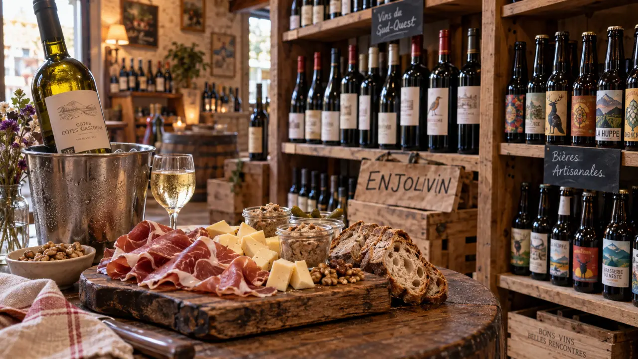 Enjolivin cave à vin barcelonne-du-gers : plateau apéritif et bouteille rafraîchie