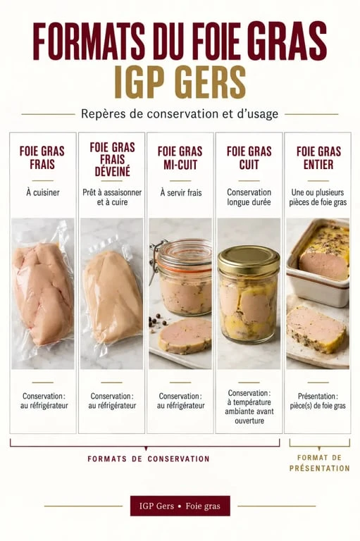Infographie des formats de foie gras IGP Gers frais, déveiné, mi-cuit, cuit et entier