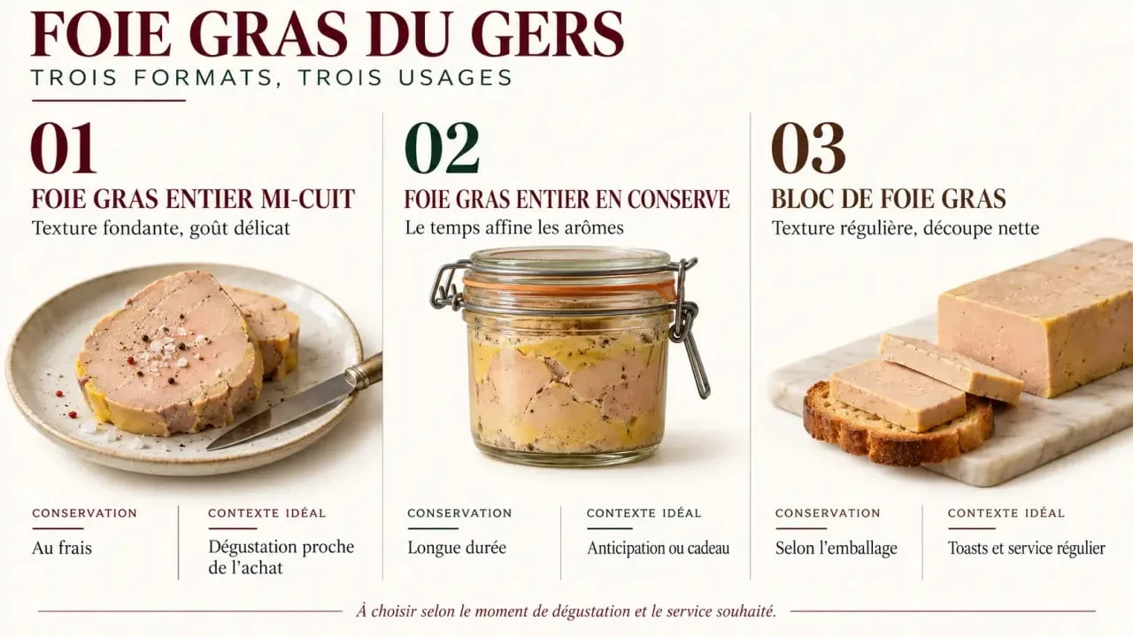 Infographie pour choisir le meilleur foie gras du Gers selon le format mi-cuit, conserve ou bloc