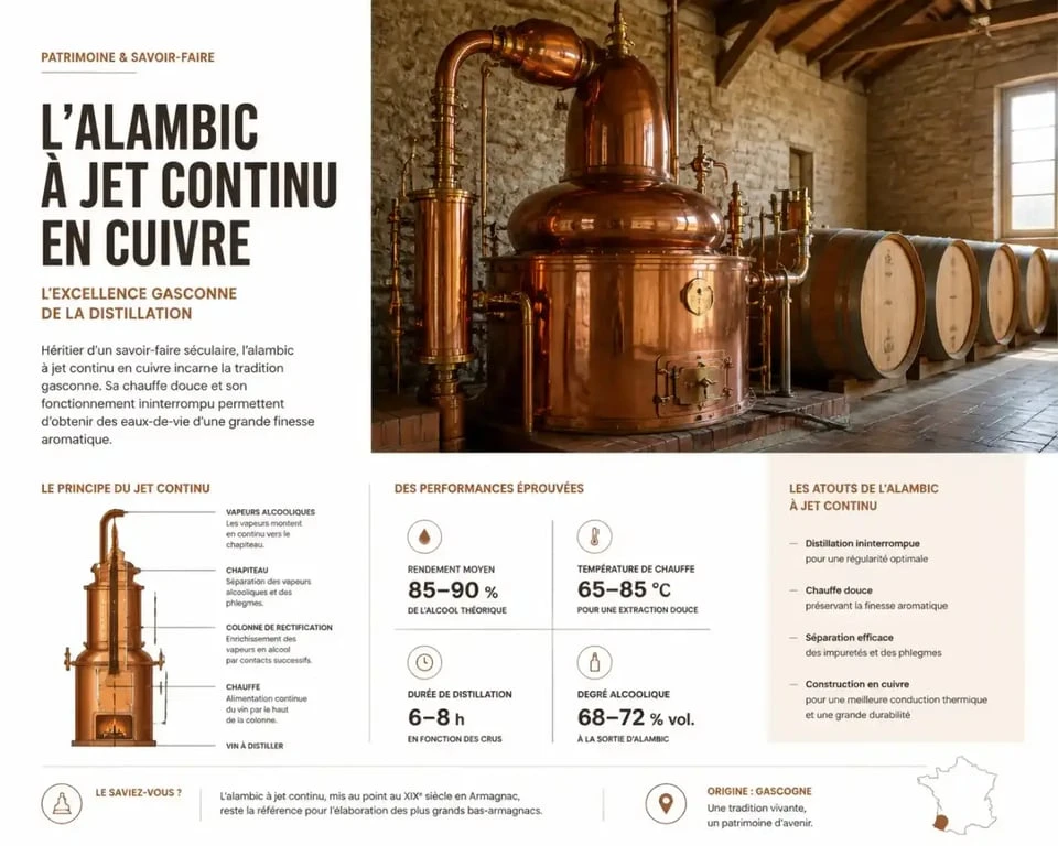 Alambic à jet continu dans une cave à Armagnac du Gers