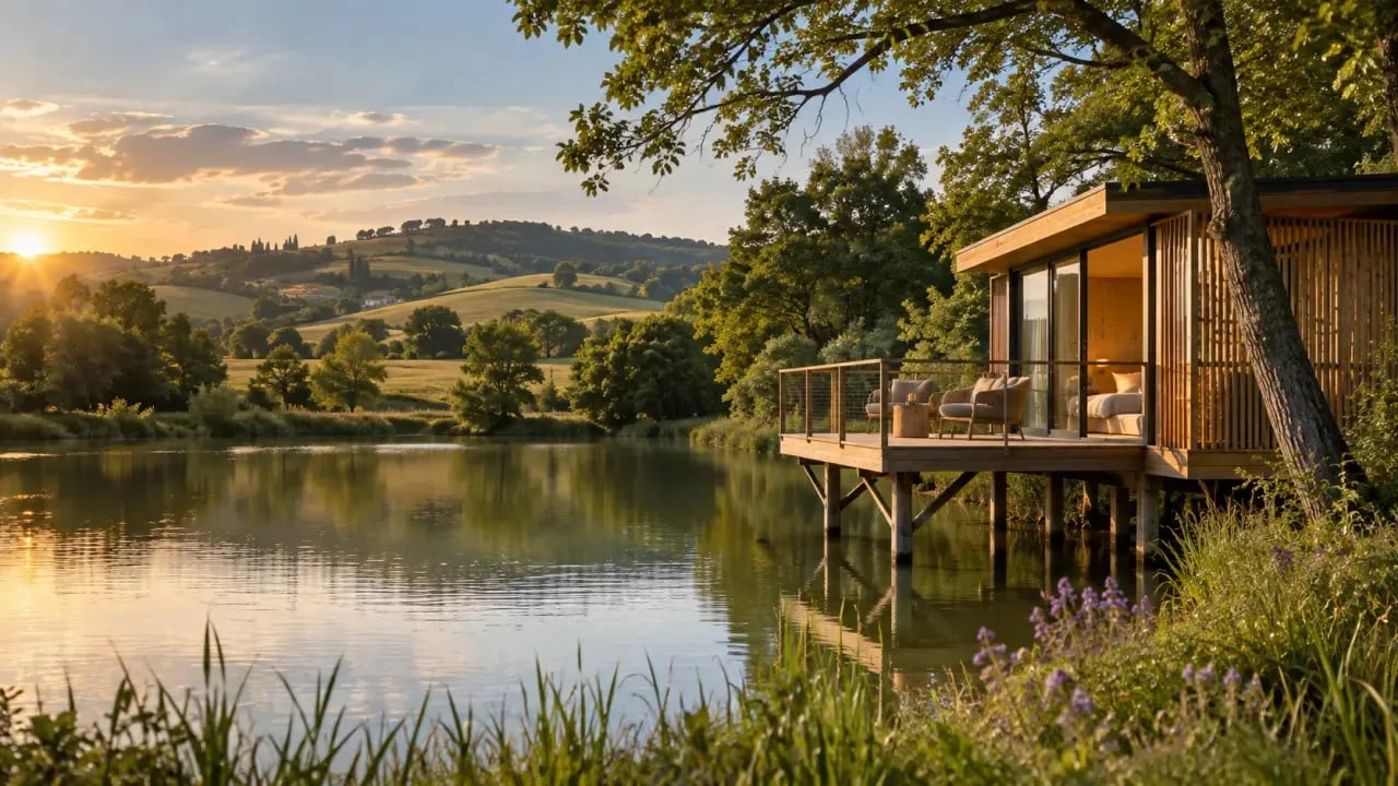 Hébergement insolite dans le Gers avec cabane au bord d’un lac et vue sur la campagne