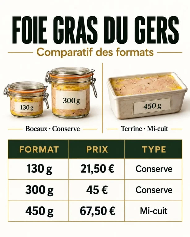 Infographie comparative sur les formats et prix du foie gras du Gers