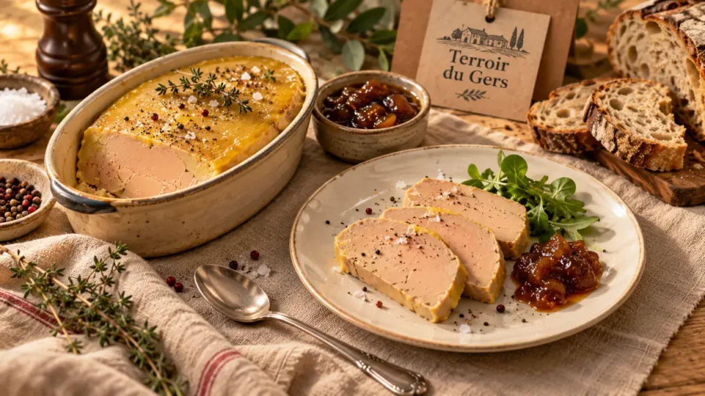 Ferme foie gras gers : terrine mi-cuit, tranche et pain sur table