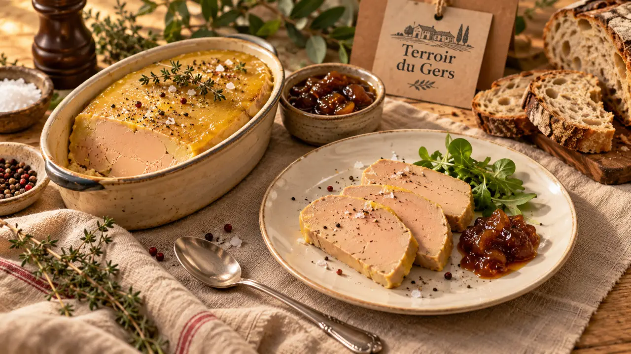 Ferme foie gras gers : terrine mi-cuit, tranche et pain sur table
