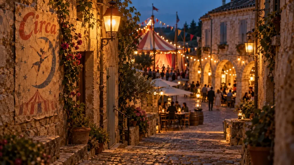 Festivals gers : allée et chapiteau éclairé, ambiance de nuit au Gers