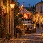 Festivals gers : allée et chapiteau éclairé, ambiance de nuit au Gers
