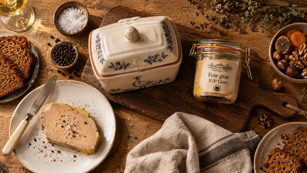Foie gras igp gers mi-cuit sur assiette, bocal étiqueté IGP Gers