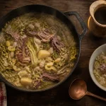 Garbure gasconne mijotée avec confit de canard, légumes et bouillon chaud