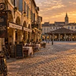 Gers Marciac jazz : place avec panneau Jazz in Marciac au soleil couchant