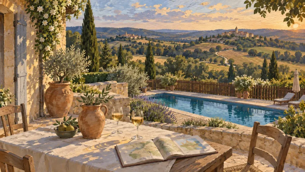 Gite de charme Gers : terrasse en pierre et piscine