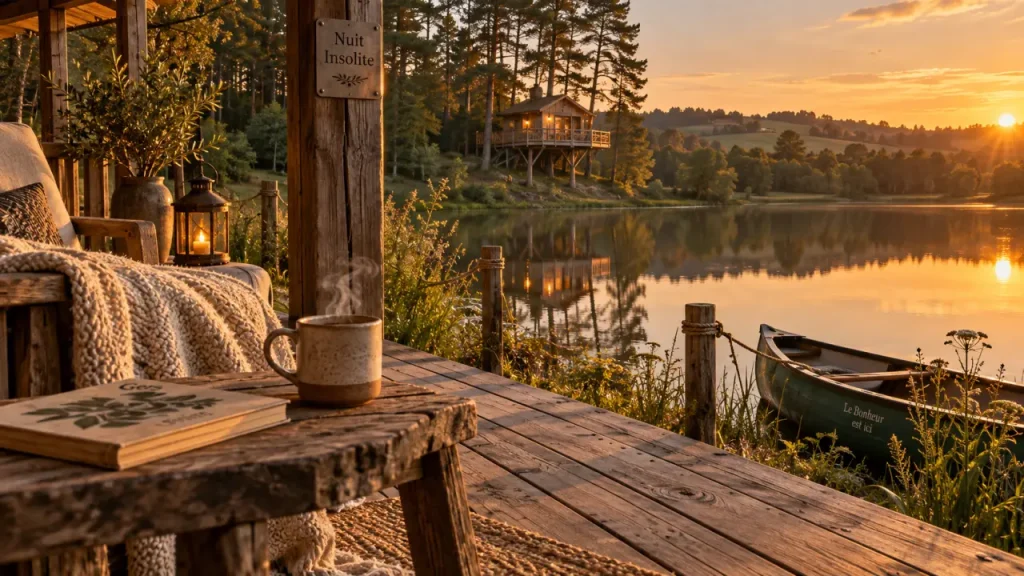 Hébergement insolite Gers : cabane perchée au coucher du soleil sur le lac
