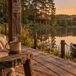 Hébergement insolite Gers : cabane perchée au coucher du soleil sur le lac