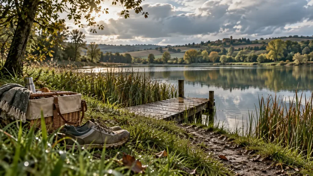 lac des trois vallons à L’Isle-Jourdain, passerelle et sentier au bord de l’eau