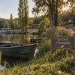 Les lacs d armagnac : barque amarrée sur l’un des lacs, reflets et verdure