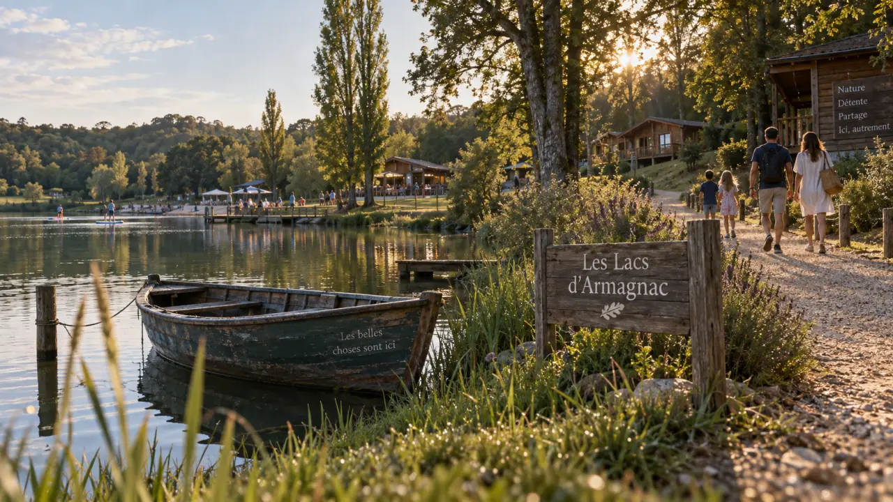 Les lacs d armagnac : barque amarrée sur l’un des lacs, reflets et verdure