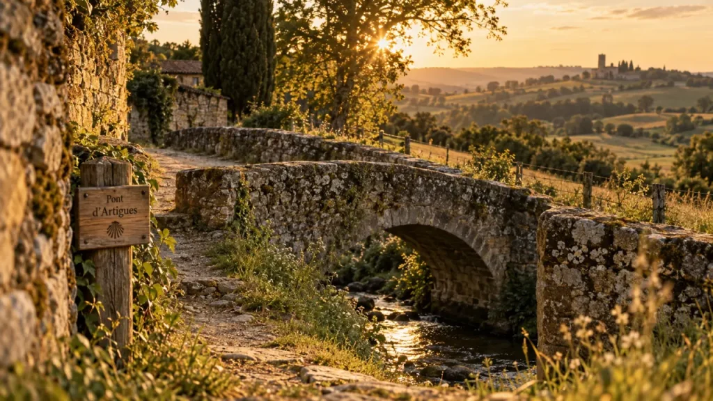 Lieux insolites dans le Gers : pont ancien près d’un ruisseau et tour médiévale au loin