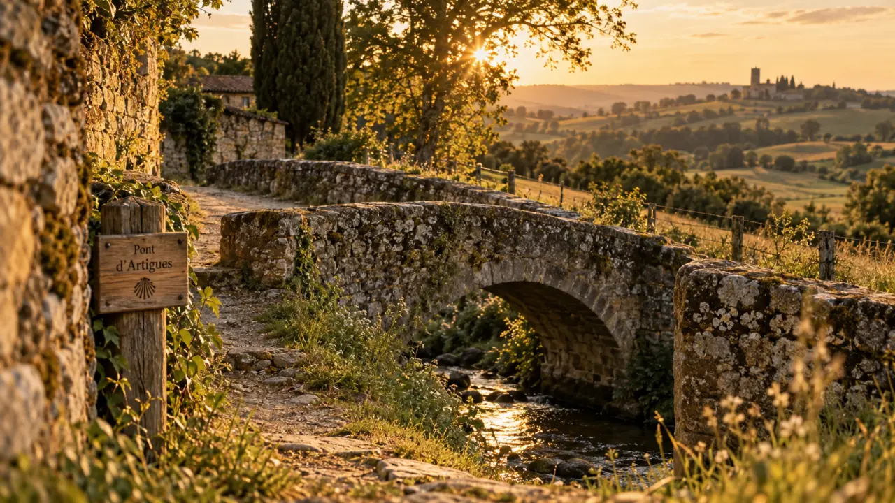 Lieux insolites dans le Gers : pont ancien près d’un ruisseau et tour médiévale au loin