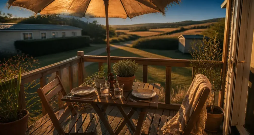 Location mobil home gers : terrasse en bois au golden hour