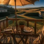 Location mobil home gers : terrasse en bois au golden hour