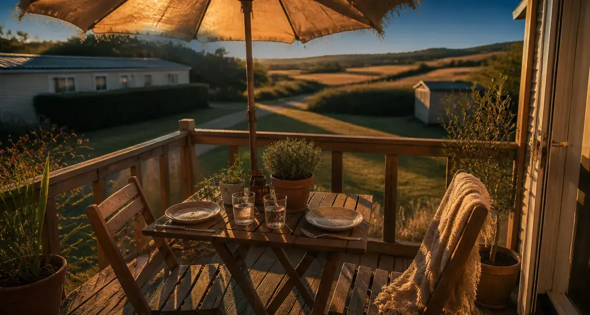 Location mobil home gers : terrasse en bois au golden hour