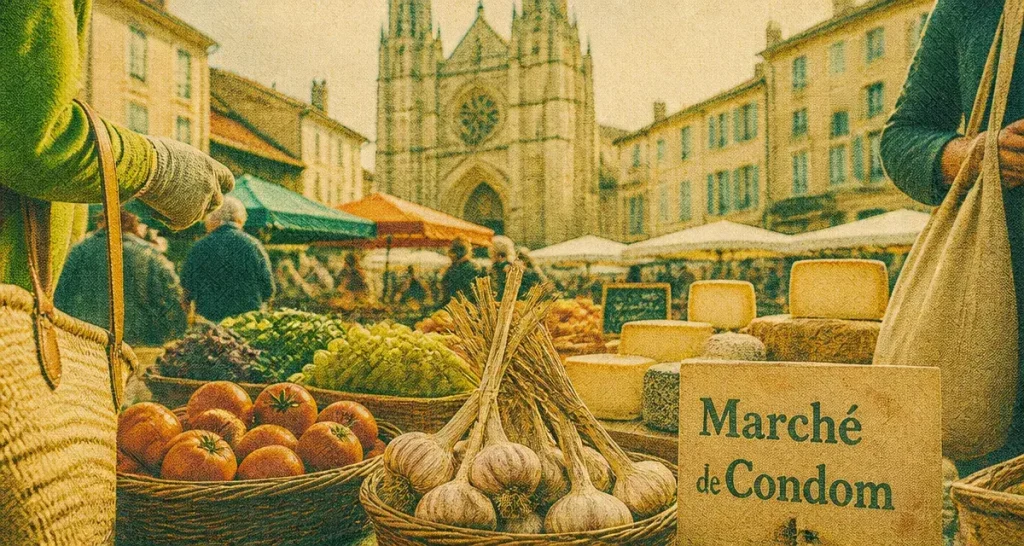 Marché de Condom : étals de produits gersois au centre ancien, matin