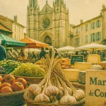 Marché de Condom : étals de produits gersois au centre ancien, matin