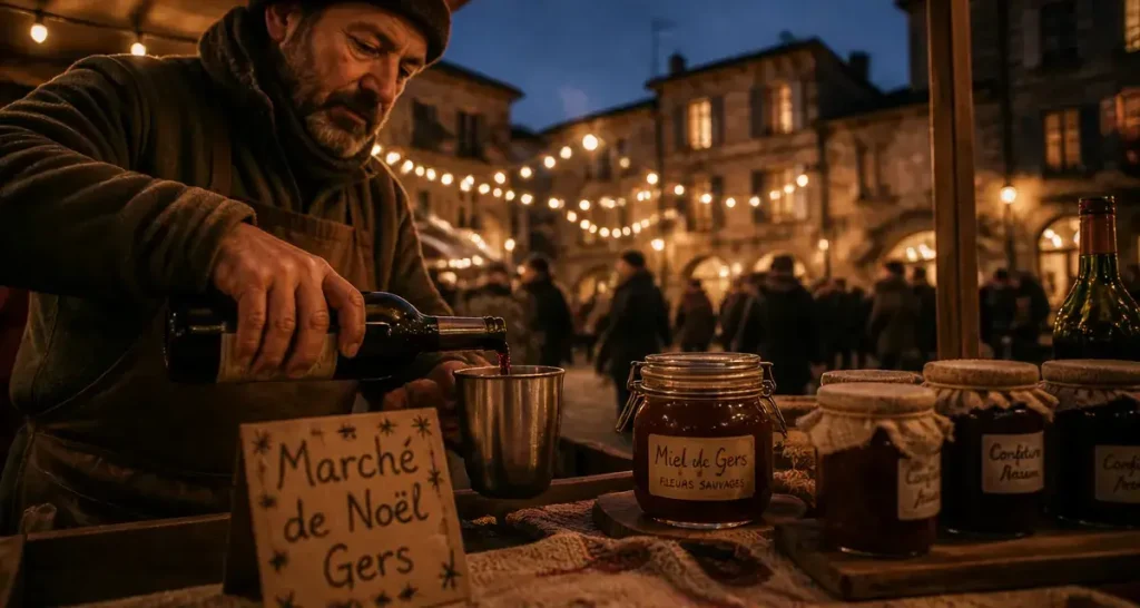 Marché de noel dans le gers : vin chaud gascon, producteurs et étals en bois