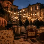 Marché de noel dans le gers : vin chaud gascon, producteurs et étals en bois