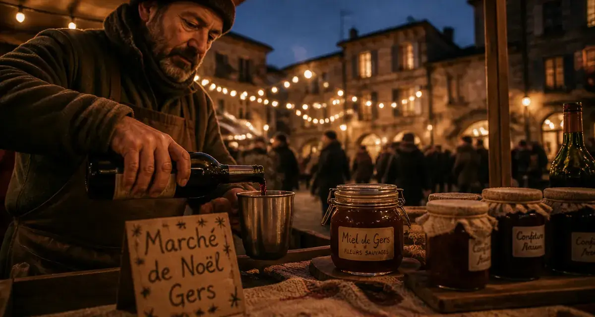 Marché de noel dans le gers : vin chaud gascon, producteurs et étals en bois